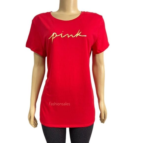 Victoria’s Secret Pink Everyday Crew Neck T-shirt Foil Script Logo Red Xlarge - Picture 1 of 2